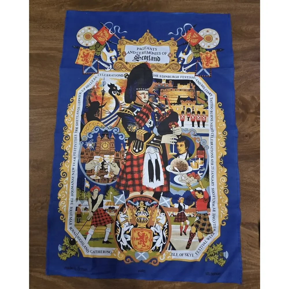 Vintage 100% Cotton Tea Towel Scotland Pageants and Ceremonies Kilts Tartans